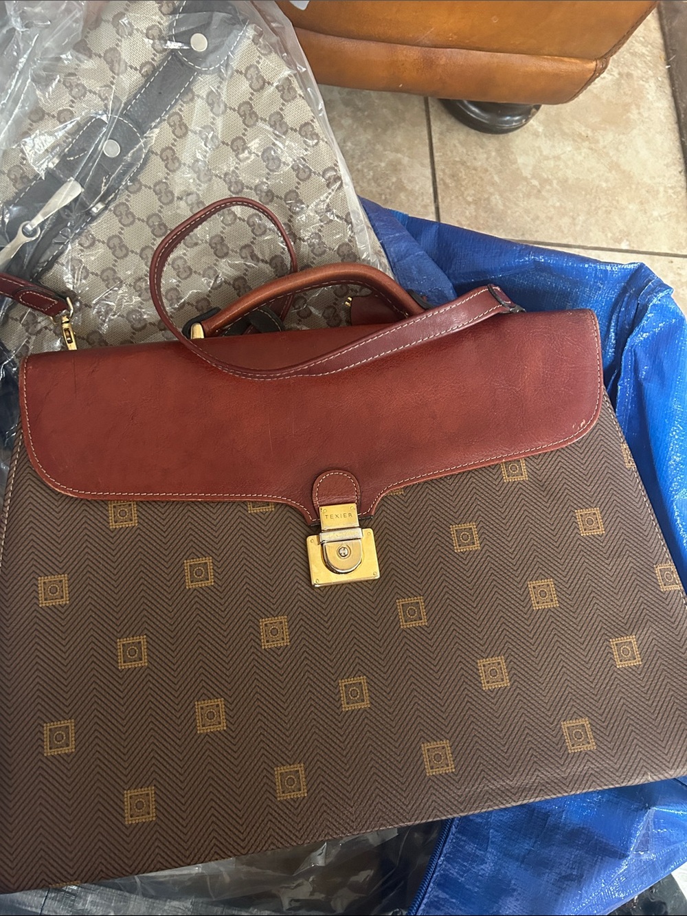 Texier Brown Patterned Men's Briefcase with Tan Leather Flap and Gold Lock